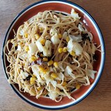 キャベツとコーンの塩昆布パスタ